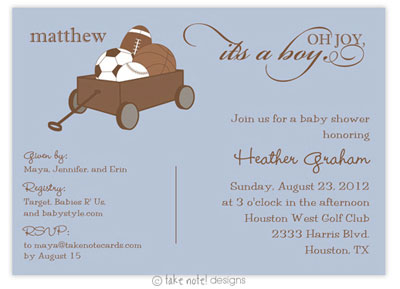 Take Note Designs Baby Shower Invitations - All Boy Baby Wagon