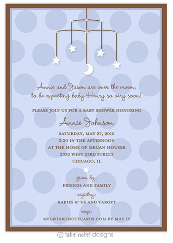 Take Note Designs Baby Shower Invitations - Stars and Moon Mobile Blue