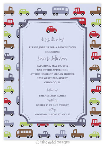Take Note Designs Baby Shower Invitations - Boy Cars Baby Shower Tag
