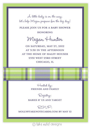 Take Note Designs Baby Shower Invitations - Purple and Green Plaid Wrap