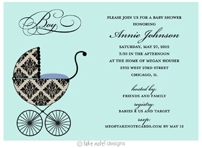 Take Note Designs Baby Shower Invitations - Fancy Carriage Damask Blue