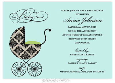 Take Note Designs Baby Shower Invitations - Fancy Carriage Damask Green