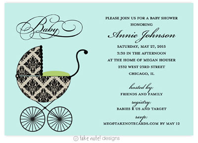 Take Note Designs Baby Shower Invitations - Fancy Carriage Damask Green Take Note Designs Baby Shower Invitations - Fancy Carriage Damask Green