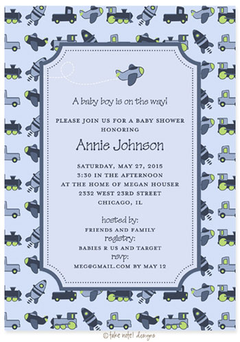 Take Note Designs Baby Shower Invitations - He's Arriving Soon