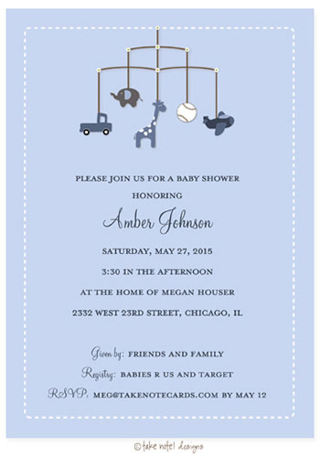 Take Note Designs Baby Shower Invitations - Boy Theme Mobile