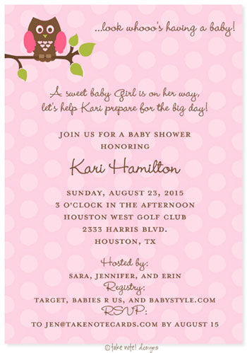 Take Note Designs Baby Shower Invitations - Pink Owl Polka