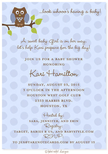 Take Note Designs Baby Shower Invitations - Blue Owl Polka