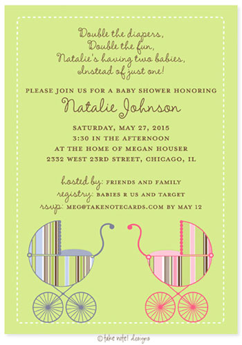 Take Note Designs Baby Shower Invitations - Stripe Carriage Twin Boy/Girl