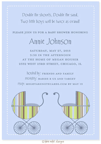 Take Note Designs Baby Shower Invitations - Striped Boy Twin Carriage