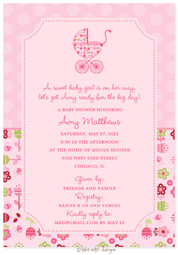 Take Note Designs Baby Shower Invitations - Flower Garden Stroller with Polka