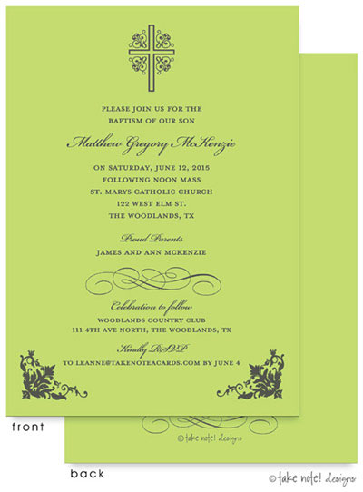 Take Note Designs Baptism Invitations - Cross with Ornate Corners Green