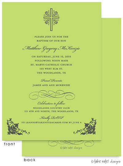 Take Note Designs Baptism Invitations - Cross with Ornate Corners Green Take Note Designs Baptism Invitations - Cross with Ornate Corners Green
