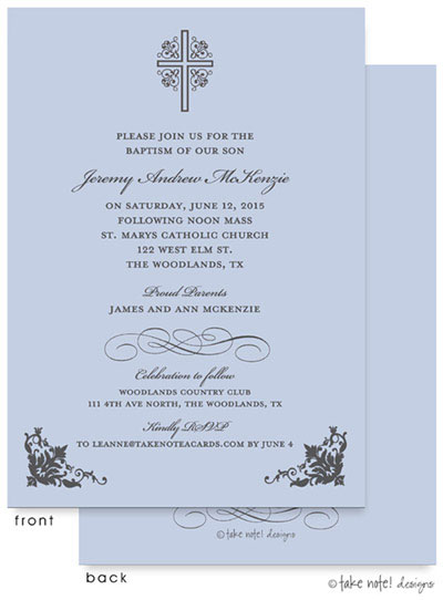 Take Note Designs Baptism Invitations - Cross with Ornate Corners Blue Take Note Designs Baptism Invitations - Cross with Ornate Corners Blue