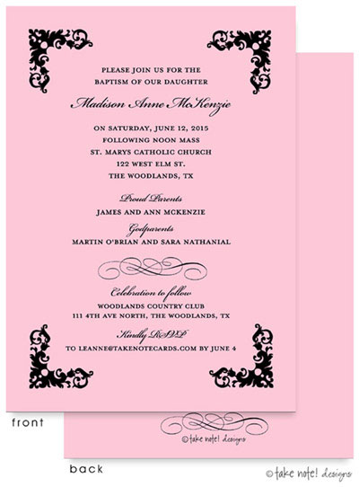 Take Note Designs Baptism Invitations - Four Corner Scroll Pink Take Note Designs Baptism Invitations - Four Corner Scroll Pink