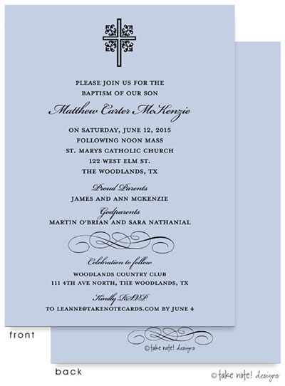 Take Note Designs Baptism Invitations - Ornate Cross Scroll Blue