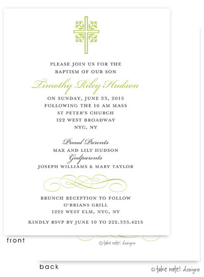 Take Note Designs Baptism Invitations - Ornate Cross Scroll Accent Green