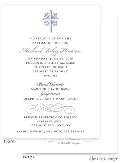 Take Note Designs Baptism Invitations - Ornate Cross Scroll Accent Blue