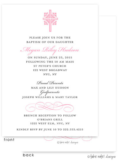 Take Note Designs Baptism Invitations - Ornate Cross Scroll Accent Pink