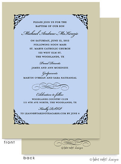 Take Note Designs Baptism Invitations - Fancy Frame Corners Blue