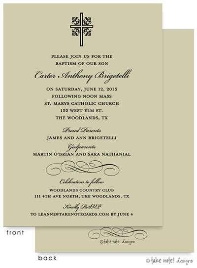 Take Note Designs Baptism Invitations - Ornate Cross Scroll Linen