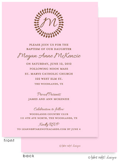 Take Note Designs Baptism Invitations - Vine Monogram Center Pink Take Note Designs Baptism Invitations - Vine Monogram Center Pink