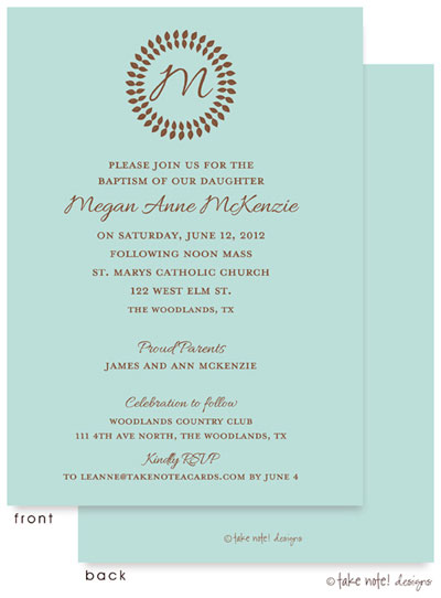 Take Note Designs Baptism Invitations - Vine Monogram Center Pool