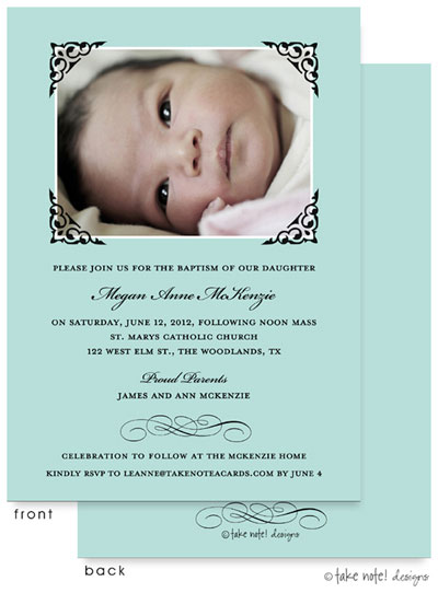 Take Note Designs Baptism Invitations - Beautifully Framed Scroll Tiffany With Photo Take Note Designs Baptism Invitations - Beautifully Framed Scroll Tiffany With Photo