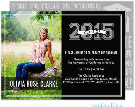 Tumbalina Graduation Invitations/Announcements - Grad Varsity Banner (Black & Gray - Photo) (Grad Sa Tumbalina Graduation Invitations/Announcements - Grad Varsity Banner (Black & Gray - Photo) (Grad Sa