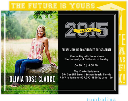 Tumbalina Graduation Invitations/Announcements - Grad Varsity Banner (Black & Yellow - Photo) (Grad