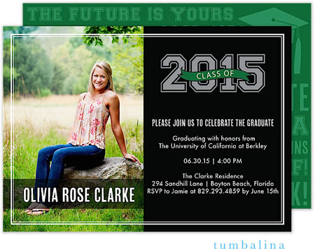 Tumbalina Graduation Invitations/Announcements - Grad Varsity Banner (Black & Green - Photo) (Grad S