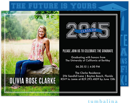 Tumbalina Graduation Invitations/Announcements - Grad Varsity Banner (Black & Blue - Photo) (Grad Sa