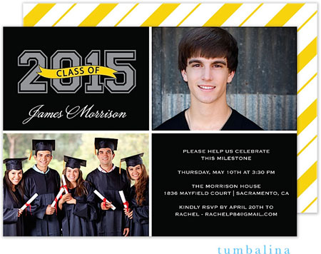 Tumbalina Graduation Invitations/Announcements - Grad Varsity Memories (Yellow Stripes - Photo) (Gra Tumbalina Graduation Invitations/Announcements - Grad Varsity Memories (Yellow Stripes - Photo) (Gra