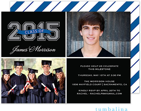 Tumbalina Graduation Invitations/Announcements - Grad Varsity Memories (Bue Stripes - Photo) (Grad S