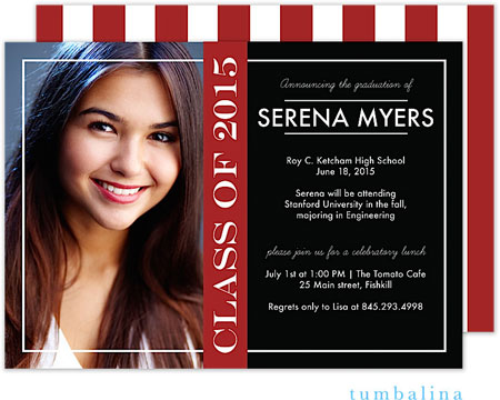 Tumbalina Graduation Invitations/Announcements - Grad Modern Frame (Red Stripes - Photo) (Grad Sale Tumbalina Graduation Invitations/Announcements - Grad Modern Frame (Red Stripes - Photo) (Grad Sale
