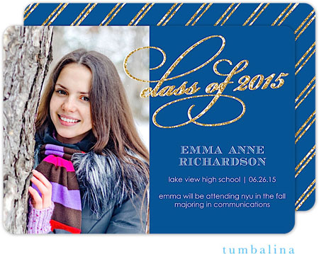 Tumbalina Graduation Invitations/Announcements - Grad Glitter Script (Blue & Gold - Photo) (Grad Sal