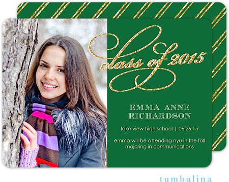 Tumbalina Graduation Invitations/Announcements - Grad Glitter Script (Green & Gold - Photo) (Grad Sa