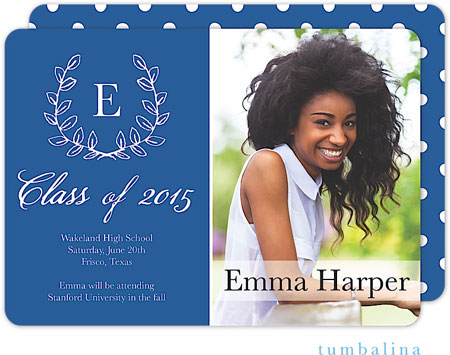 Tumbalina Graduation Invitations/Announcements - Grad Laurel Wreath Monogram Blue (Digital Photo) (G