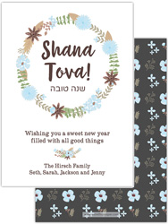 Jewish New Year Cards by Three Bees (Brown And Blue Floral Wreath)
