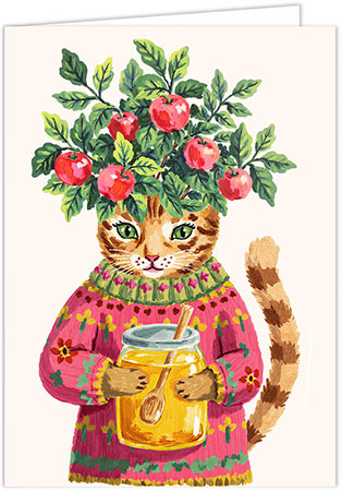 Jewish New Year Cards by Piper Fish Designs (Cat With Apples And Honey)