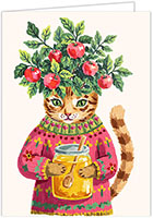 Jewish New Year Cards by Piper Fish Designs (Cat With Apples And Honey)