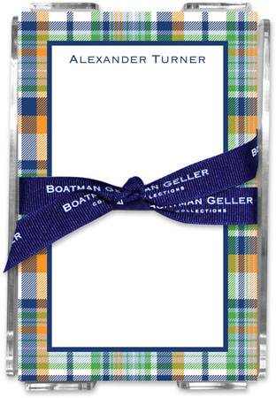 Boatman Geller Memo Sheets with Acrylic Holders - Classic Madras Plaid Navy & Orange