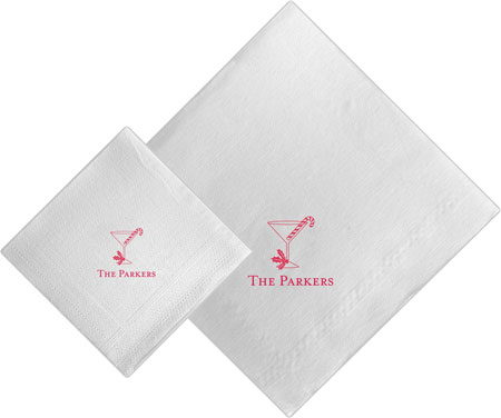 Boatman Geller - Linen-Like Personalized Beverage and Dinner Napkins (Martini Glass with Candy Cane)