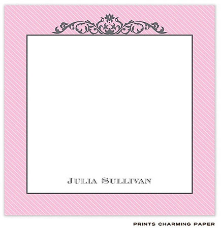 Prints Charming Notepads - Pink Diagonal Striped Border with Grey Fleurish