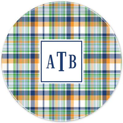 Boatman Geller - Personalized Melamine Plates (Classic Madras Plaid Navy & Orange)