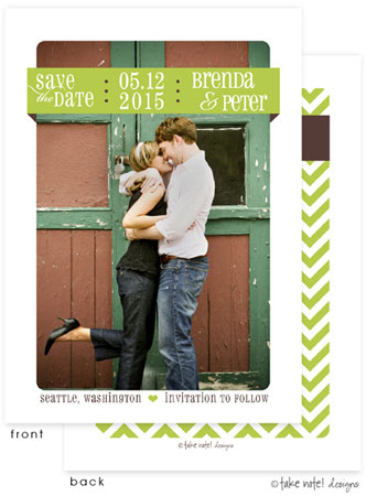 Take Note Designs Save The Date Cards - Ribbon Tag Green and Coffee Take Note Designs Save The Date Cards - Ribbon Tag Green and Coffee