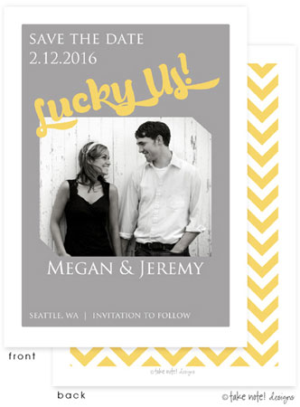 Take Note Designs Save The Date Cards - Lucky Us Grey and Yellow Take Note Designs Save The Date Cards - Lucky Us Grey and Yellow