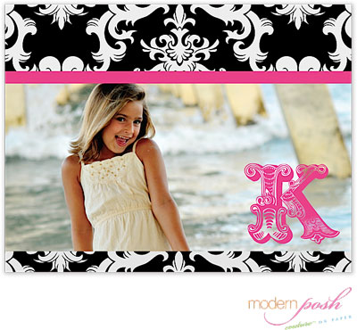 Personalized Stationery/Thank You Notes by Modern Posh - Black Damask Posh Photo - Black & Pink