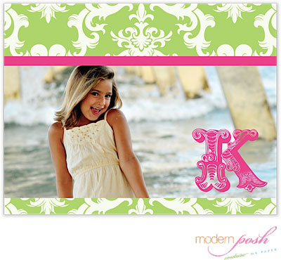 Personalized Stationery/Thank You Notes by Modern Posh - Green Damask Posh Photo - Green & Pink