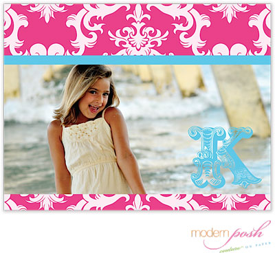 Personalized Stationery/Thank You Notes by Modern Posh - Pink Damask Posh Photo - Pink & Blue