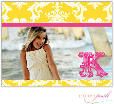Personalized Stationery/Thank You Notes by Modern Posh - Yellow Damask Posh Photo - Yellow & Pink
